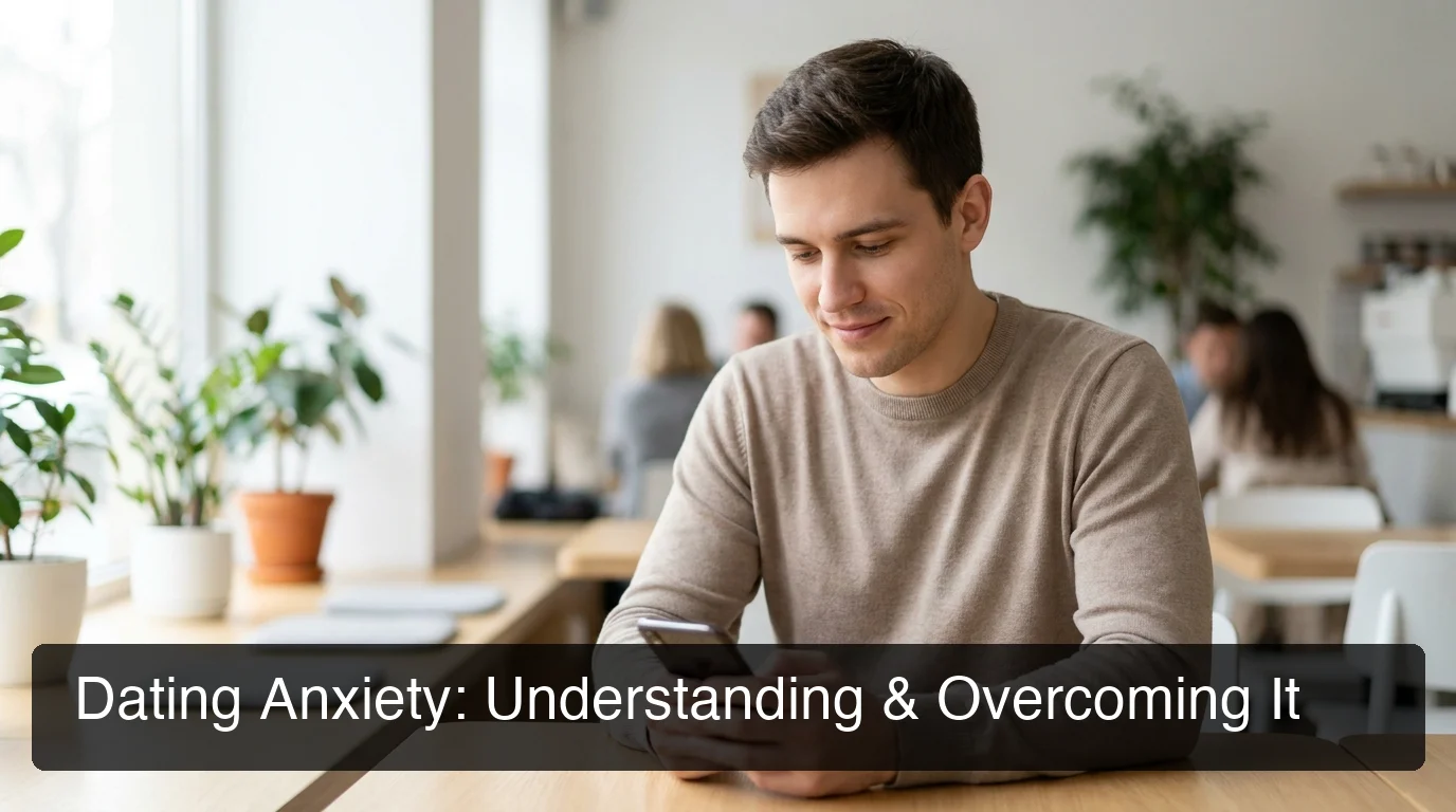 Dating anxiety concept: man thoughtfully looking at his phone in a modern café with soft natural lighting