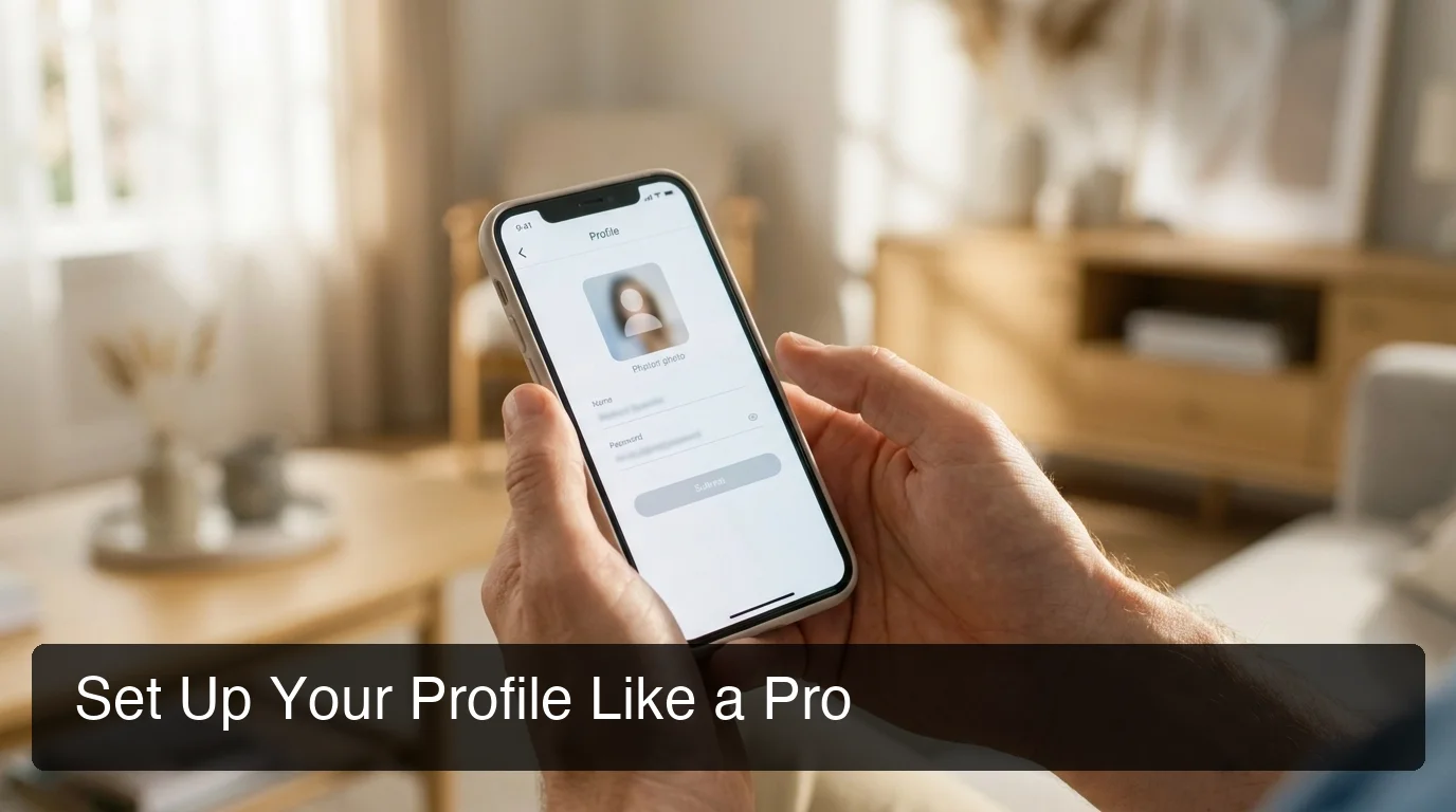 How to use Tinder — profile setup showing a dating app card with photo and bio on a smartphone