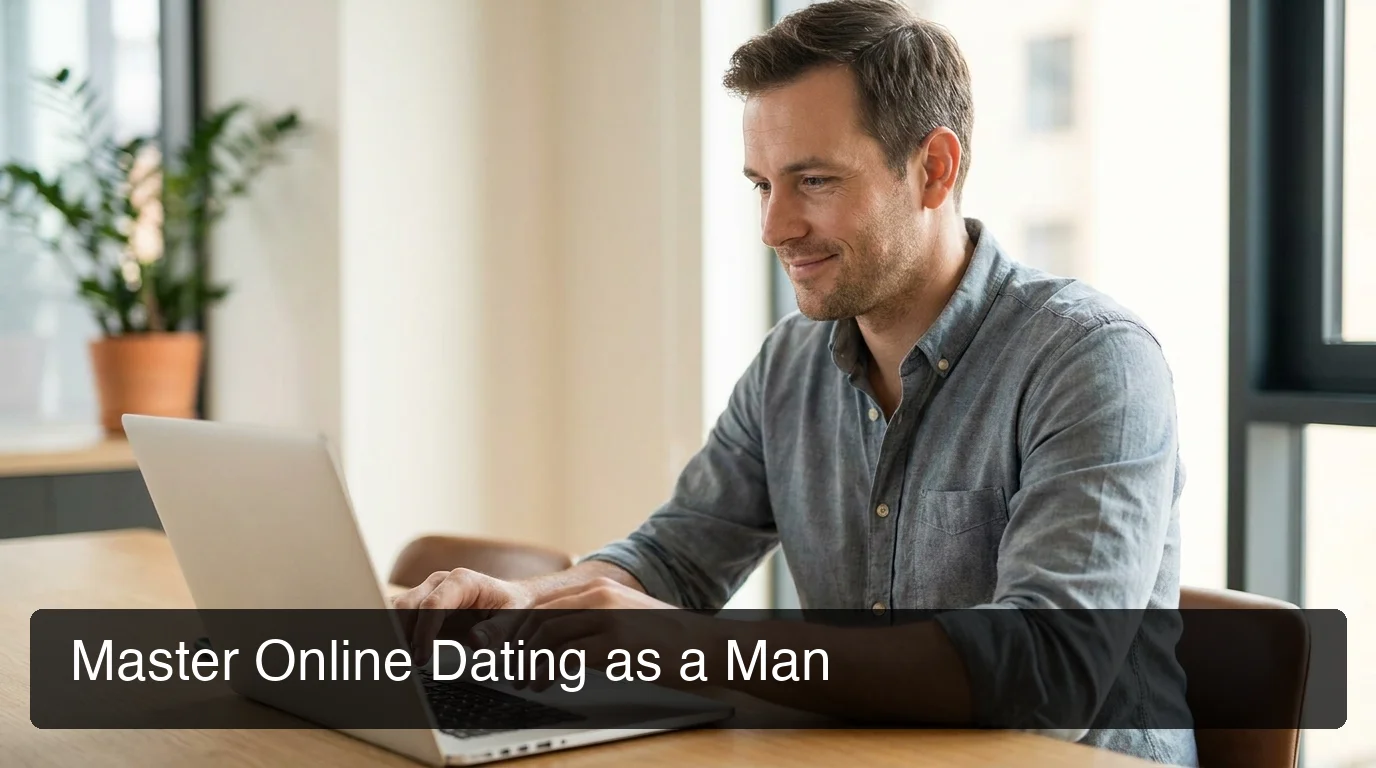 online dating advice for men — confident man at laptop composing message on dating app, soft office lighting
