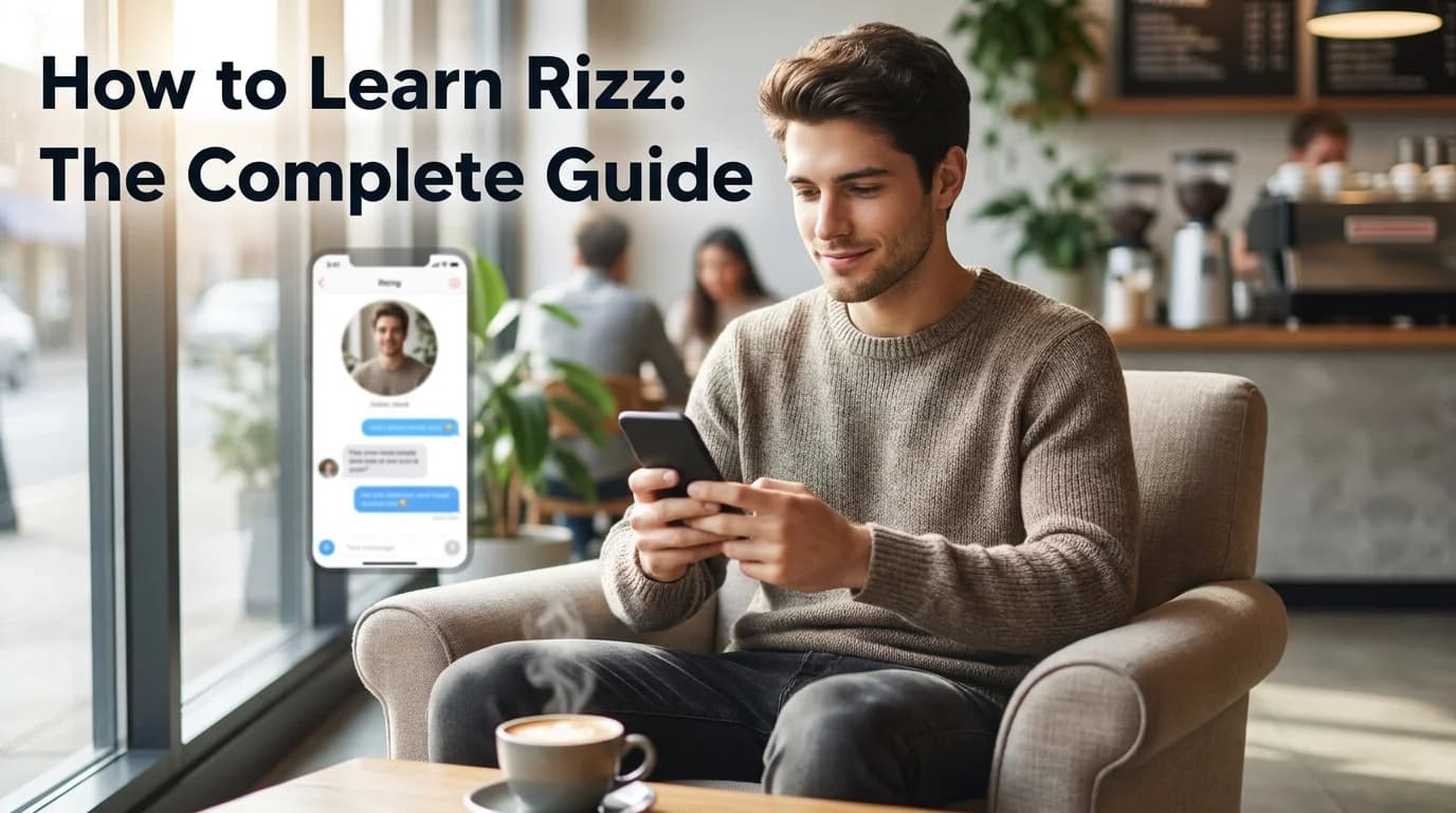 SLIDD AI rizz tutorial wikihow context — a guy composing a confident reply mid-conversation at a coffee shop