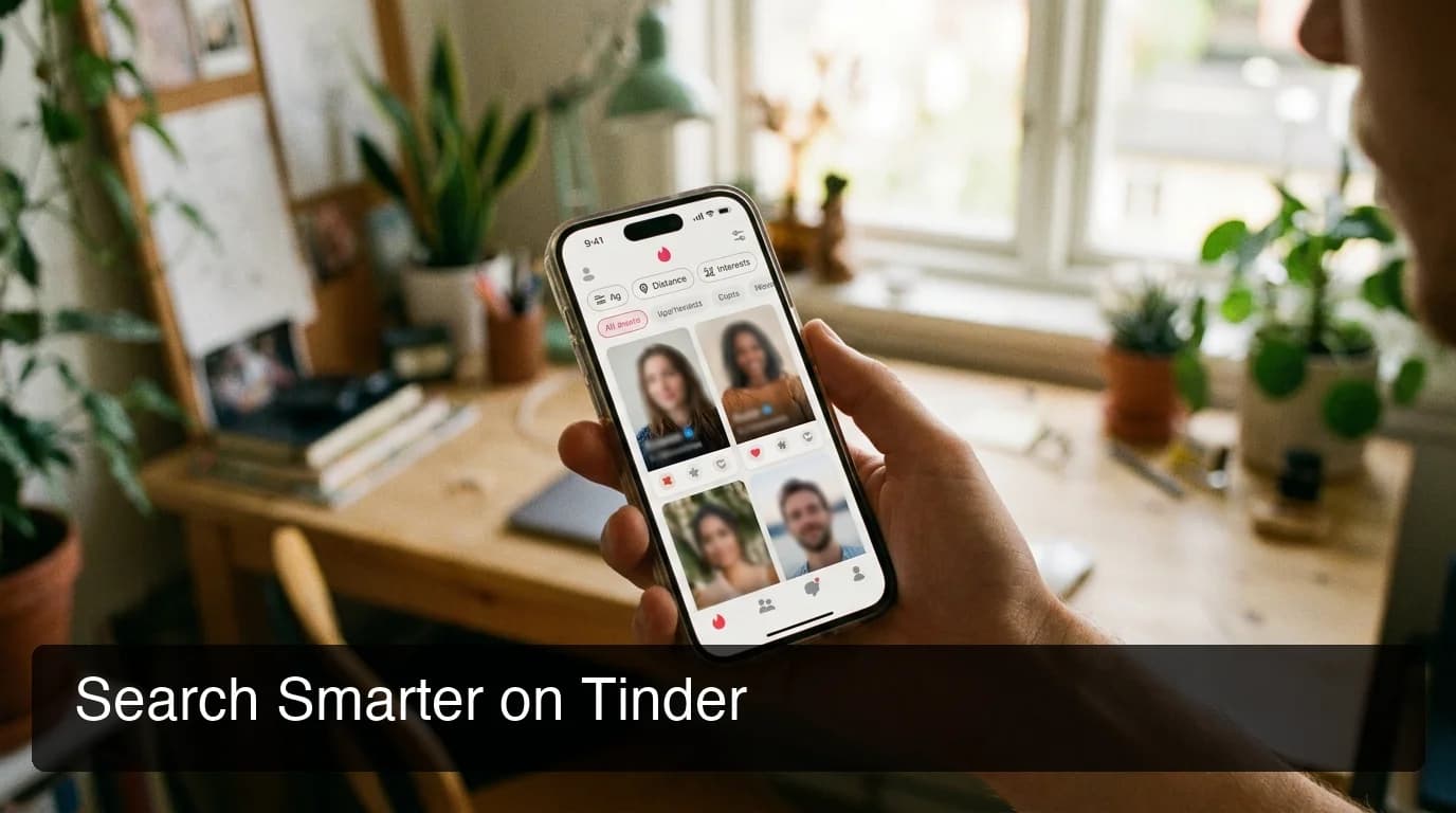 search tinder by name — smartphone showing Tinder app Explore tab and discovery filter settings with location and age controls