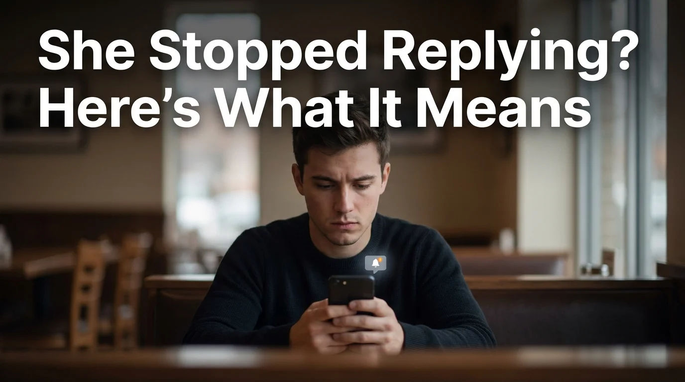 Guy staring at his phone after she stopped replying, dim lighting, dating app notification visible