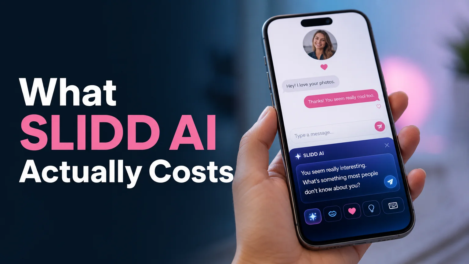 slidd ai cost breakdown shown on a smartphone dating app screen with the SLIDD AI keyboard overlay