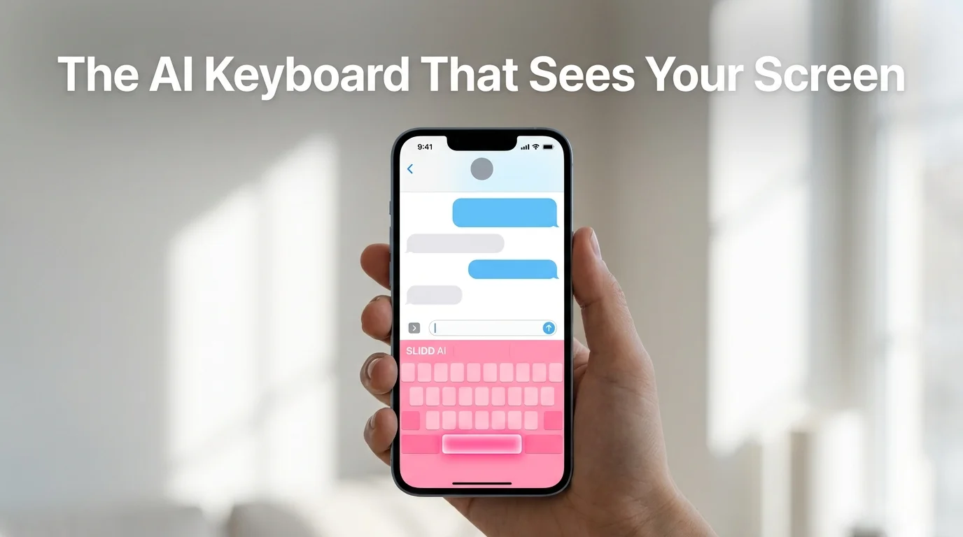 SLIDD AI keyboard overlaying a chat conversation on an iPhone, held in hand, ready to generate a reply
