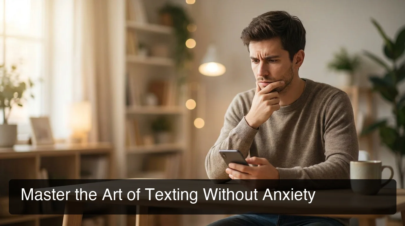 Texting anxiety concept showing a man staring at his phone with uncertain expression at a warm desk setting