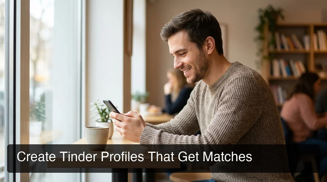 tinder profiles examples — confident guy swiping on Tinder at a cafe showing a well-optimized dating profile card