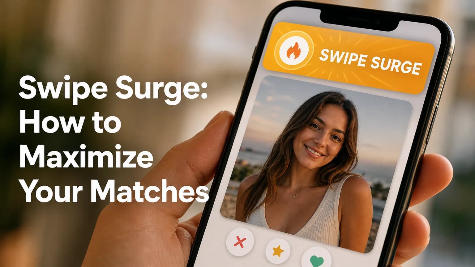 What is swipe surge on Tinder shown as a golden surge notification banner on a phone screen
