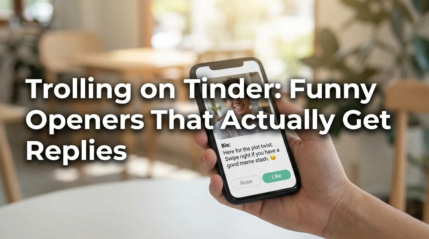 Trolling on Tinder shown as a witty, funny dating app bio on a smartphone screen