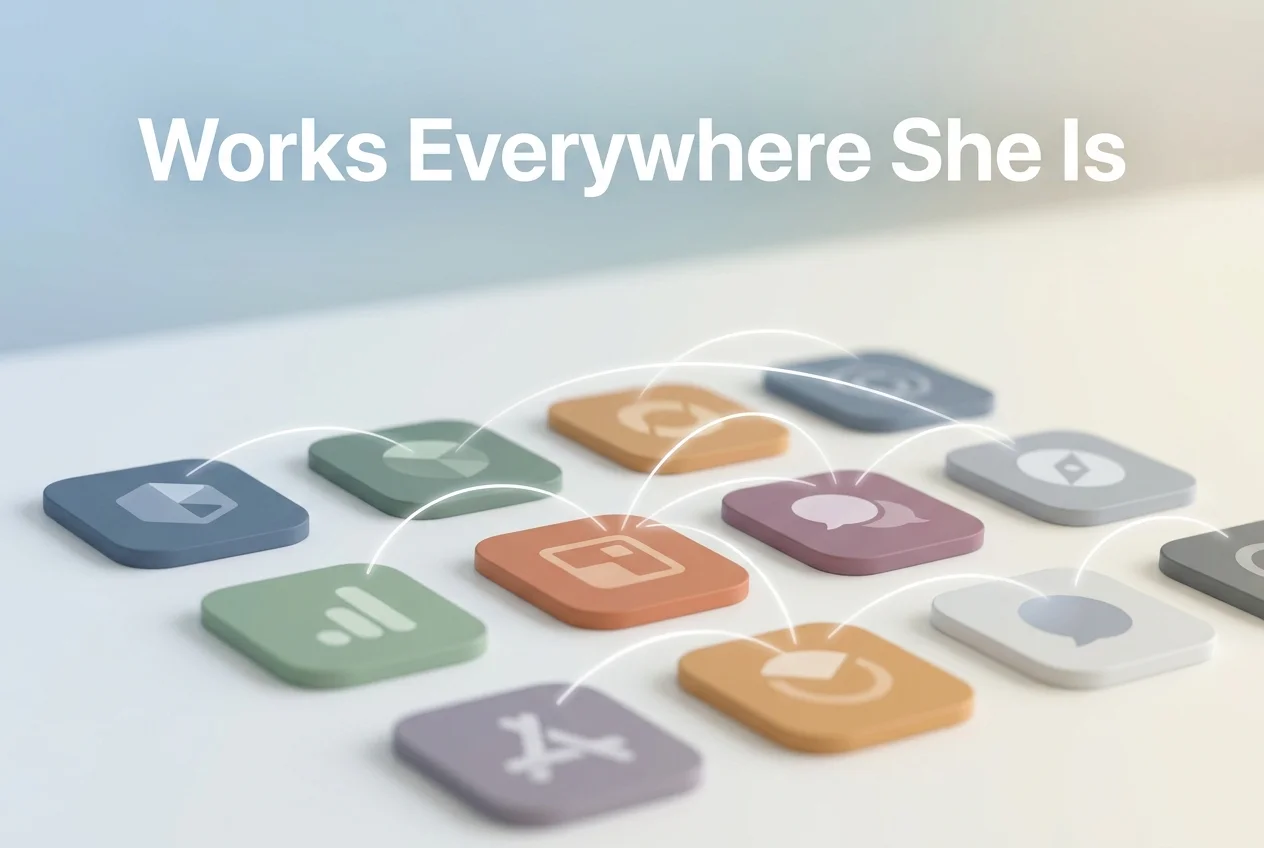 Grid of dating and messaging app icons connected by an AI keyboard, representing cross-app coverage