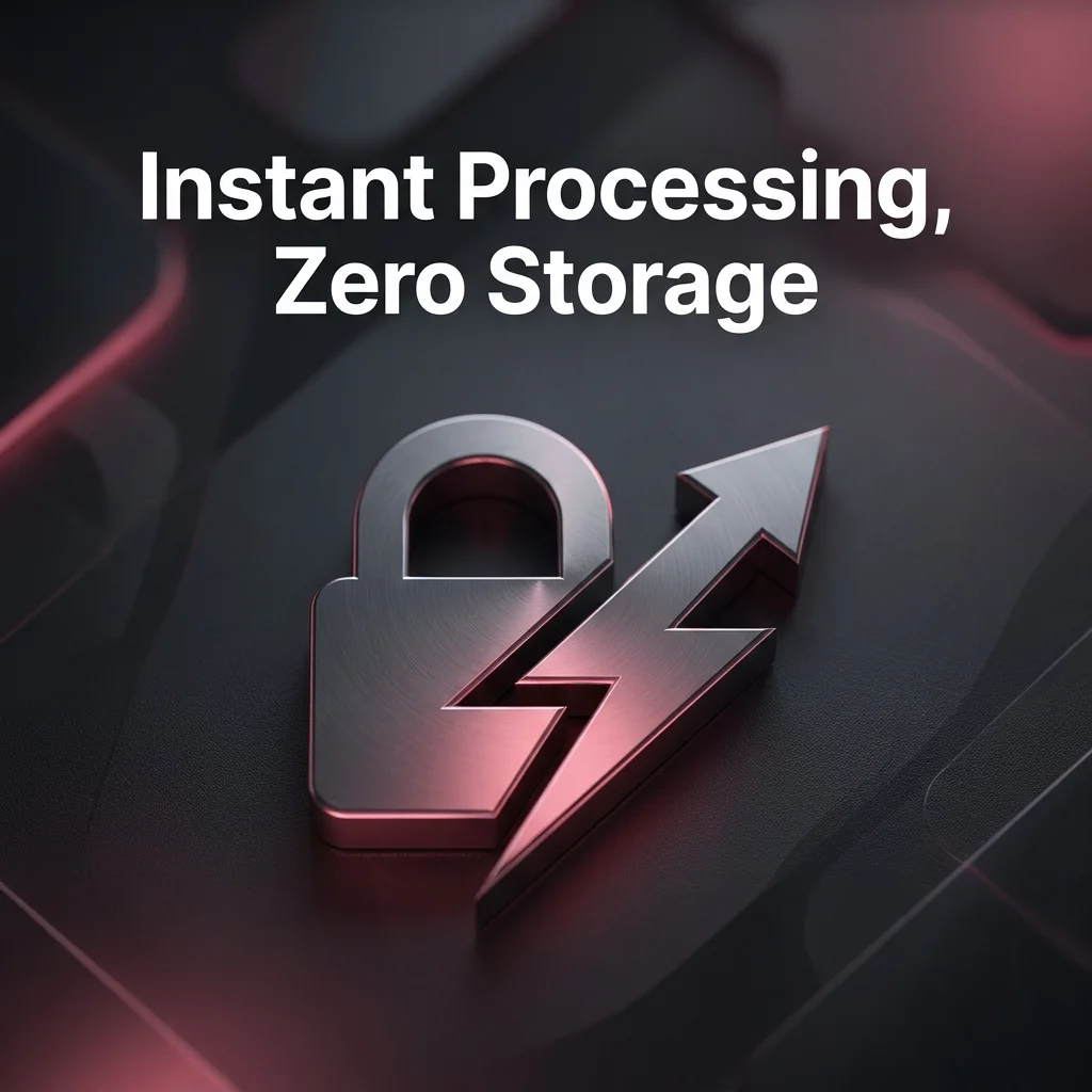Minimalist lock icon transforming into a lightning bolt representing instant processing and data privacy