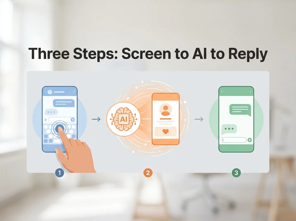 SLIDD AI three-step screen-reading workflow showing tap, capture, and reply on an iPhone keyboard