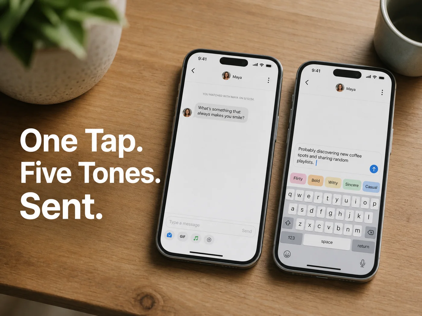 SLIDD AI keyboard with Flirty, Bold, Witty, Sincere and Casual tone presets beside a Bumble-style chat for AI keyboard Bumble messages