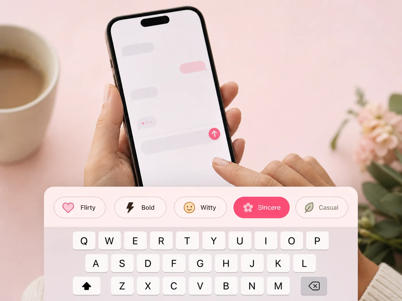 SLIDD AI five tone presets Flirty, Bold, Witty, Sincere and Casual on the iOS keyboard for a real-time Instagram reply generator