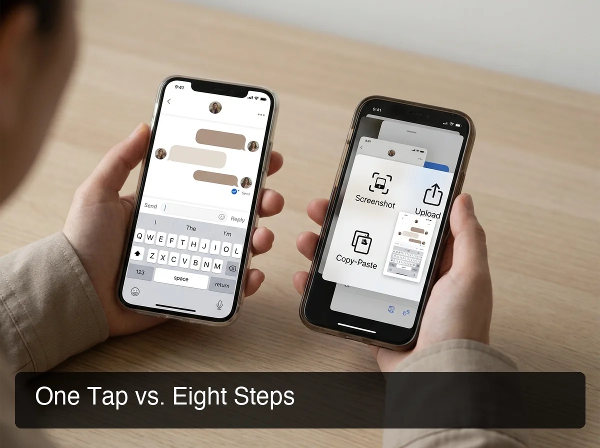 Split-screen comparison of an integrated keyboard reply inside a dating app versus a cluttered screenshot, upload, and copy-paste process
