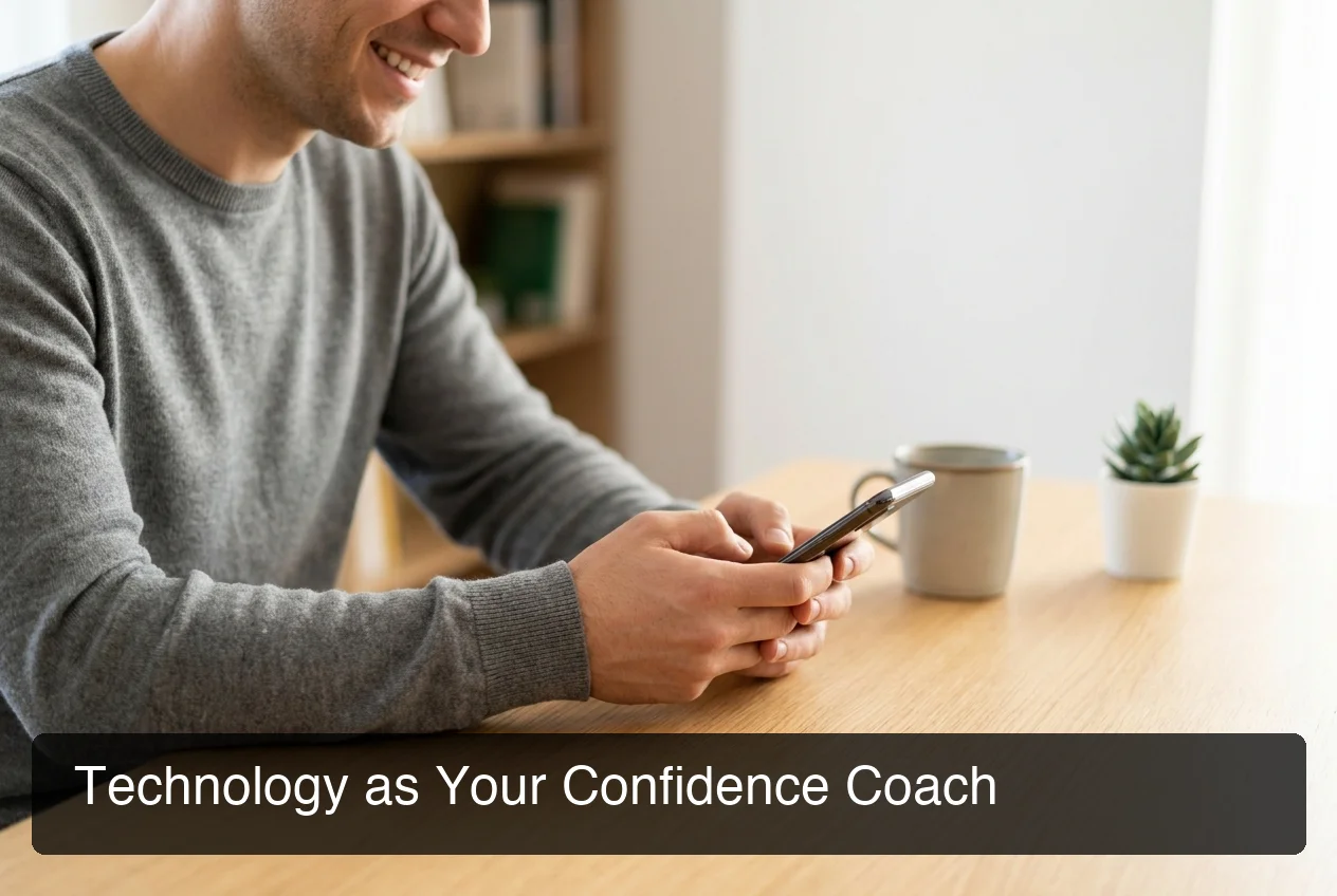 Person confidently texting on their phone in a relaxed modern setting with warm lighting
