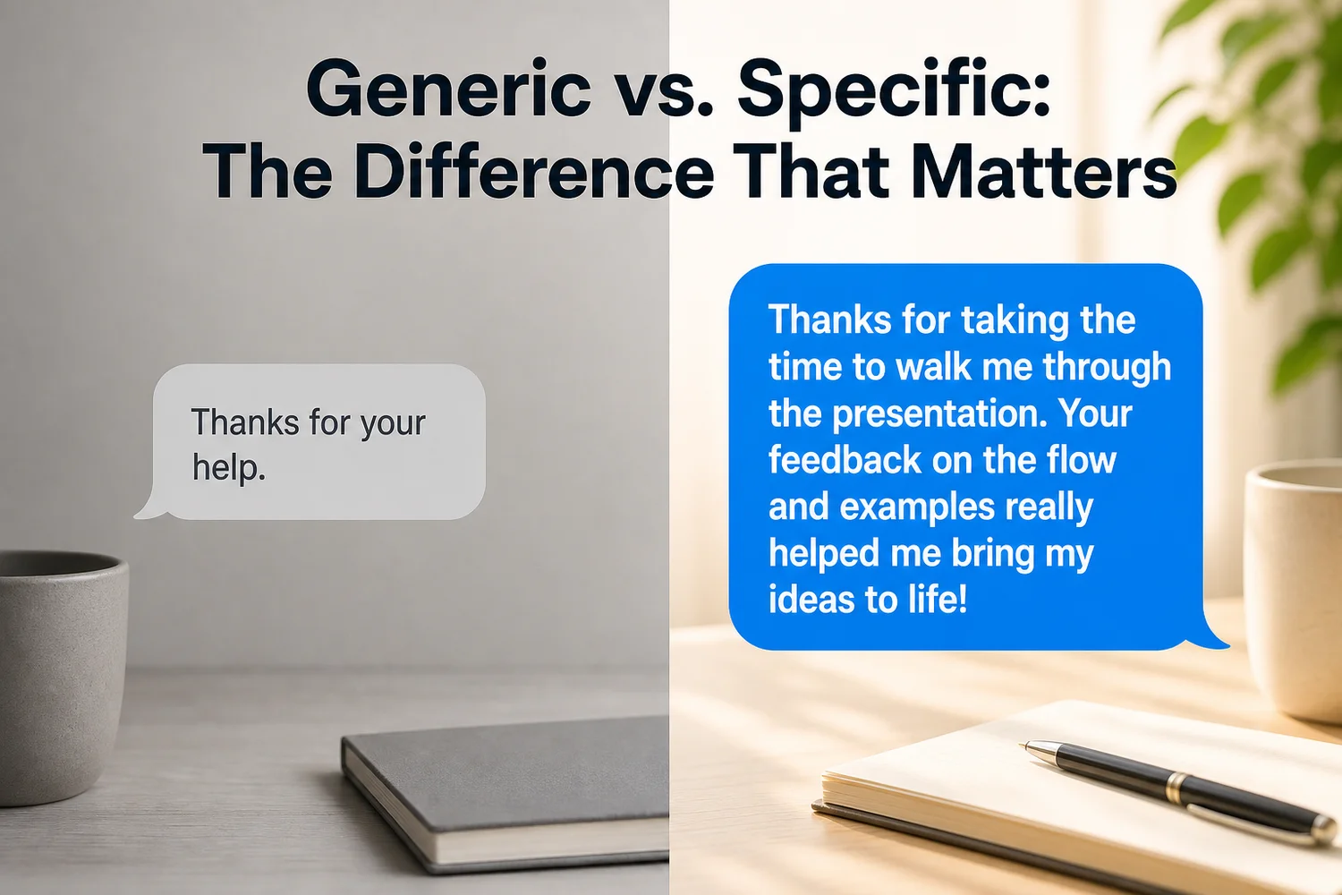 Before and after comparison of a weak versus strong first message on Hinge, showing the specificity fix