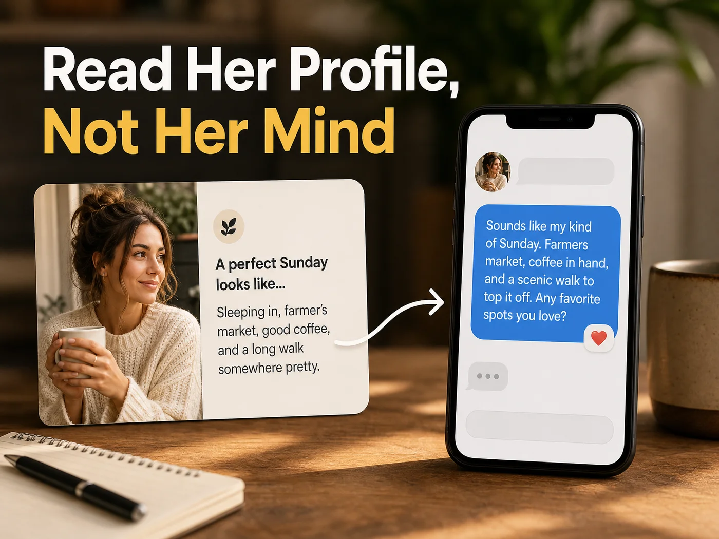 SLIDD AI first message on Tinder shown connecting a dating profile prompt to a completed personalized reply