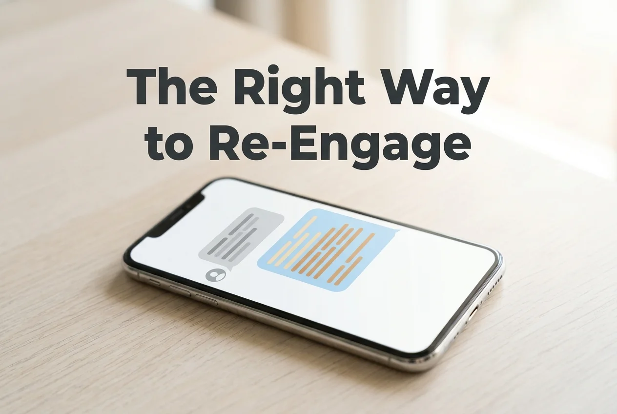 SLIDD AI phone mockup comparing a generic re-engagement text against a specific, warm one