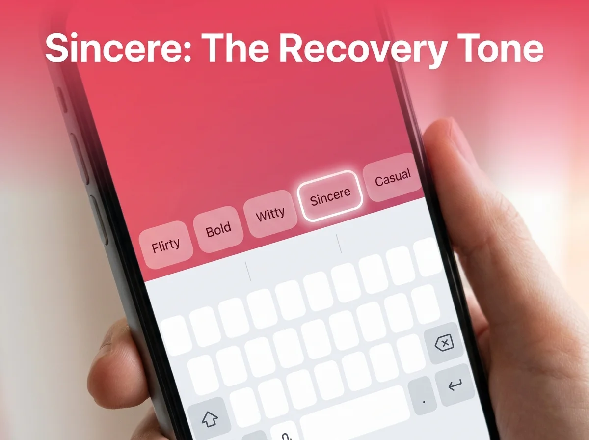 SLIDD AI keyboard showing the five tone presets with Sincere selected for a recovery message