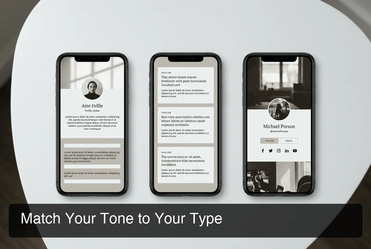 sliddai tinder bio tone comparison — three side-by-side Tinder profile cards showing flirty, bold, and witty versions, high-contrast mockup style