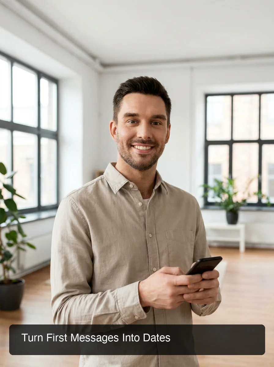 SLIDD AI keyboard helping craft the perfect hinge first message, man confidently texting in a clean modern apartment
