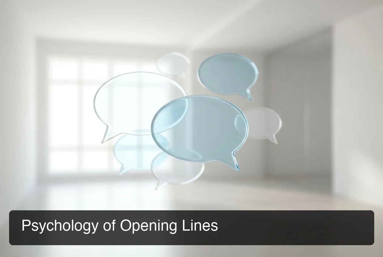 Conversation speech bubbles illustrating the psychology behind hinge opening lines on a minimalist light blue background