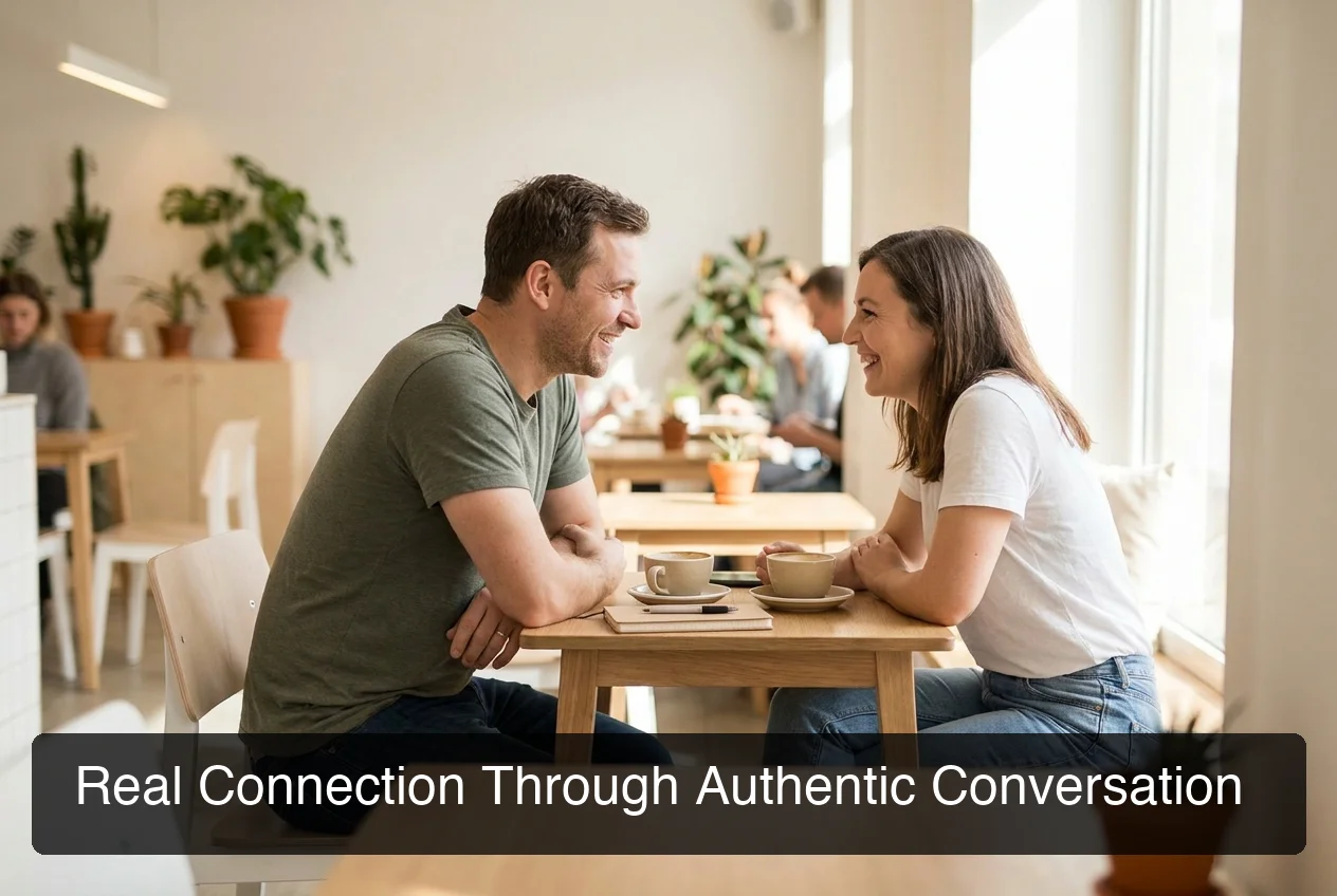 SLIDD AI authentic conversation — two people in natural engaged conversation, leaning in, genuinely interested