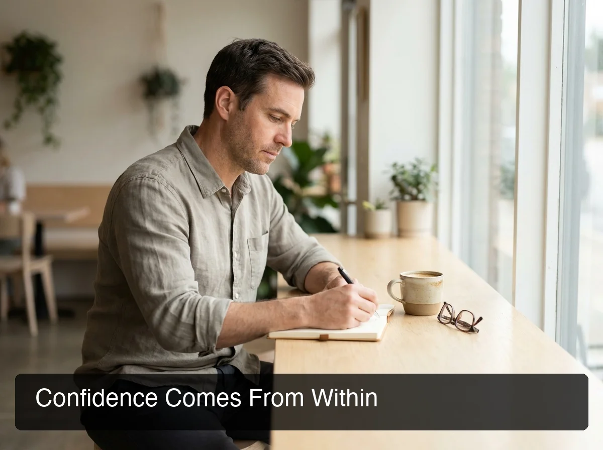 SLIDD AI building genuine confidence — man journaling in a focused, purposeful moment, soft natural light