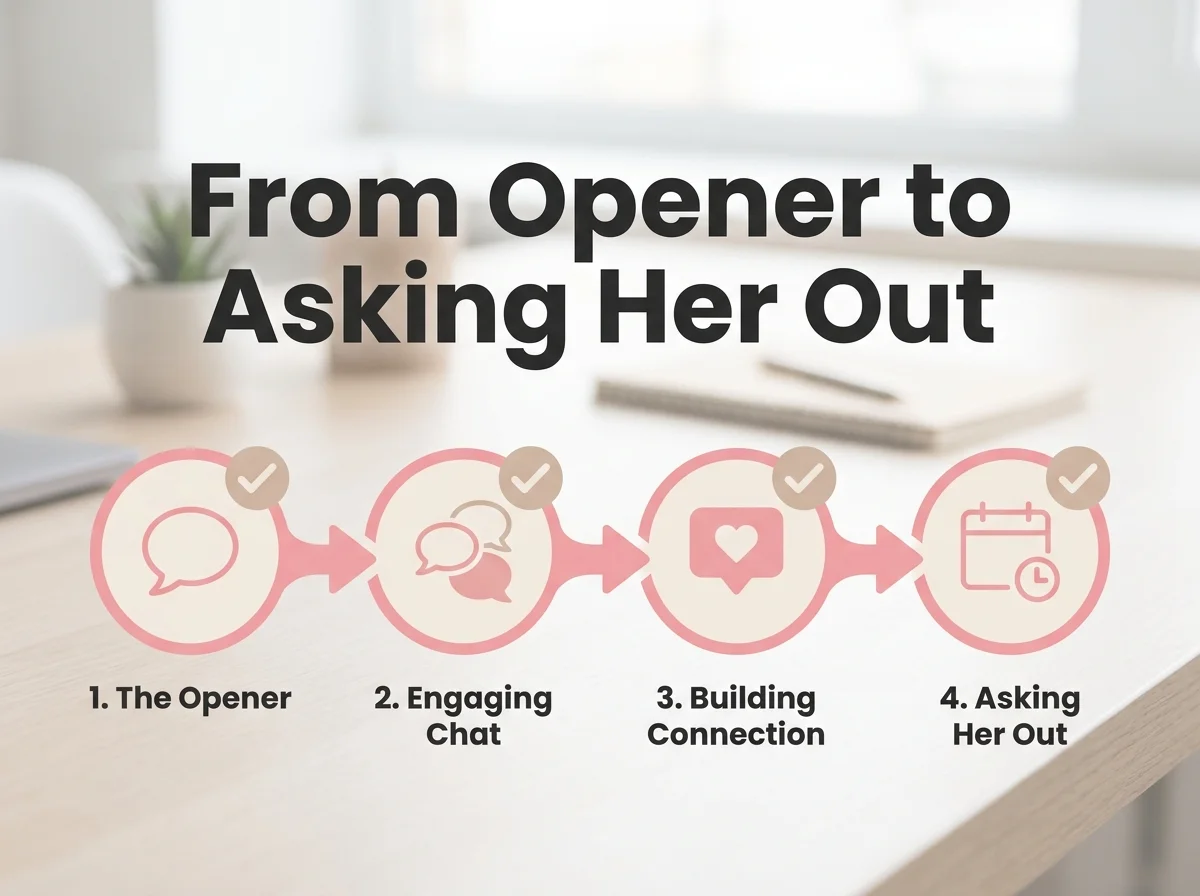 Hinge first message to date conversation flow from opener to asking her out, shown as an infographic with progression markers