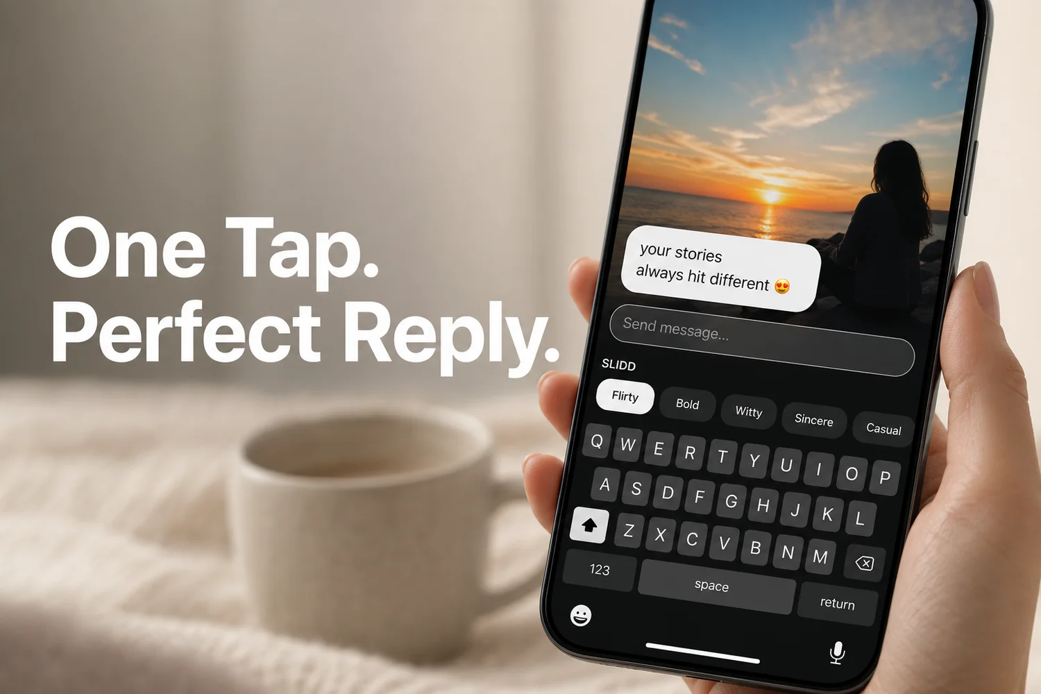 SLIDD AI keyboard showing the tone selector and a generated reply to an Instagram story
