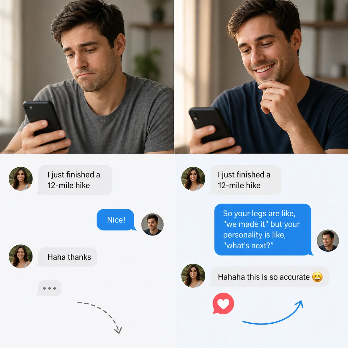 Before and after message thread showing a generic reply versus a specific reply that gets an enthusiastic response