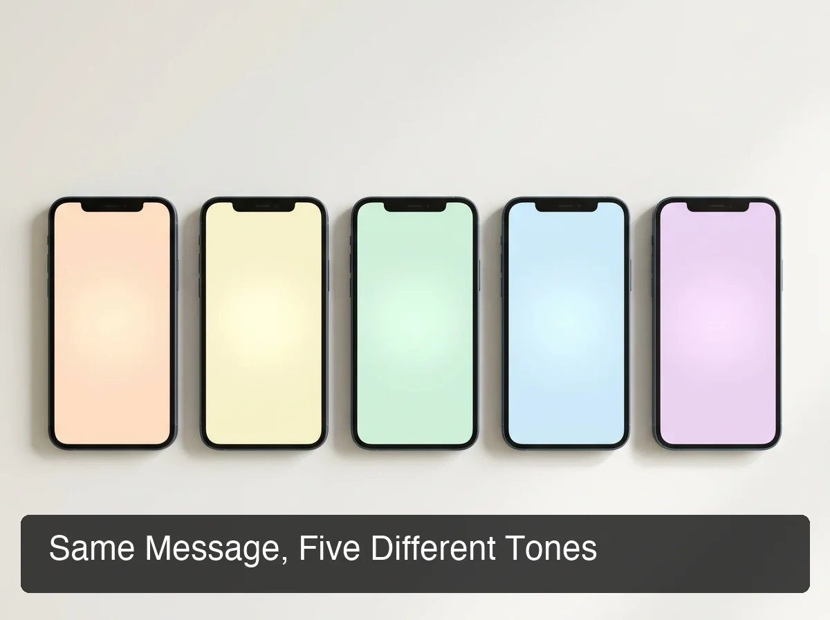 Split-screen concept showing five phone keyboard overlays, each labeled with a different tone: Flirty, Bold, Witty, Sincere, Casual