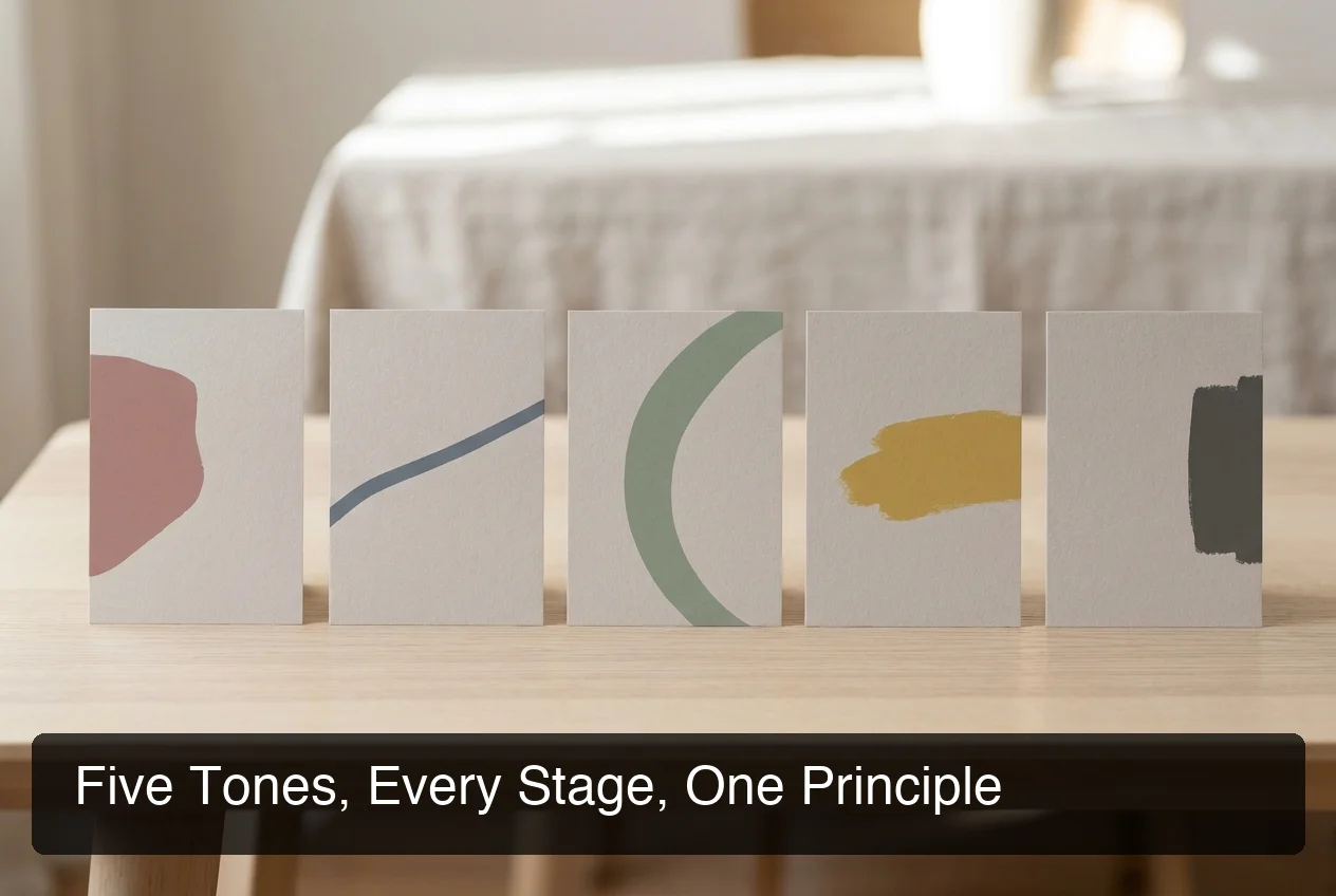 Five distinct tone cards representing Flirty, Bold, Witty, Sincere, and Casual, each with a unique color accent