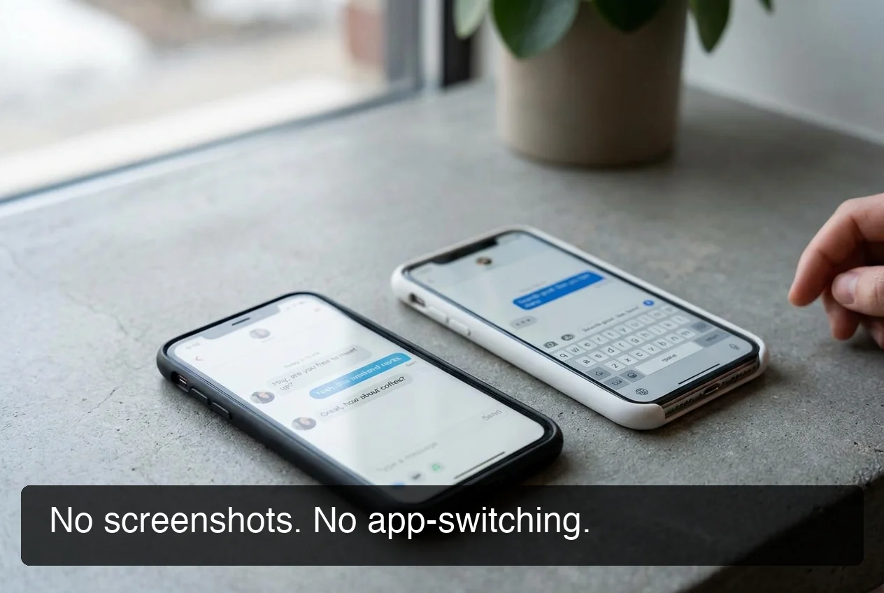 Two phones side by side — one showing an Instagram DM conversation, one showing a reply appearing in the text field, natural daylight, muted tones