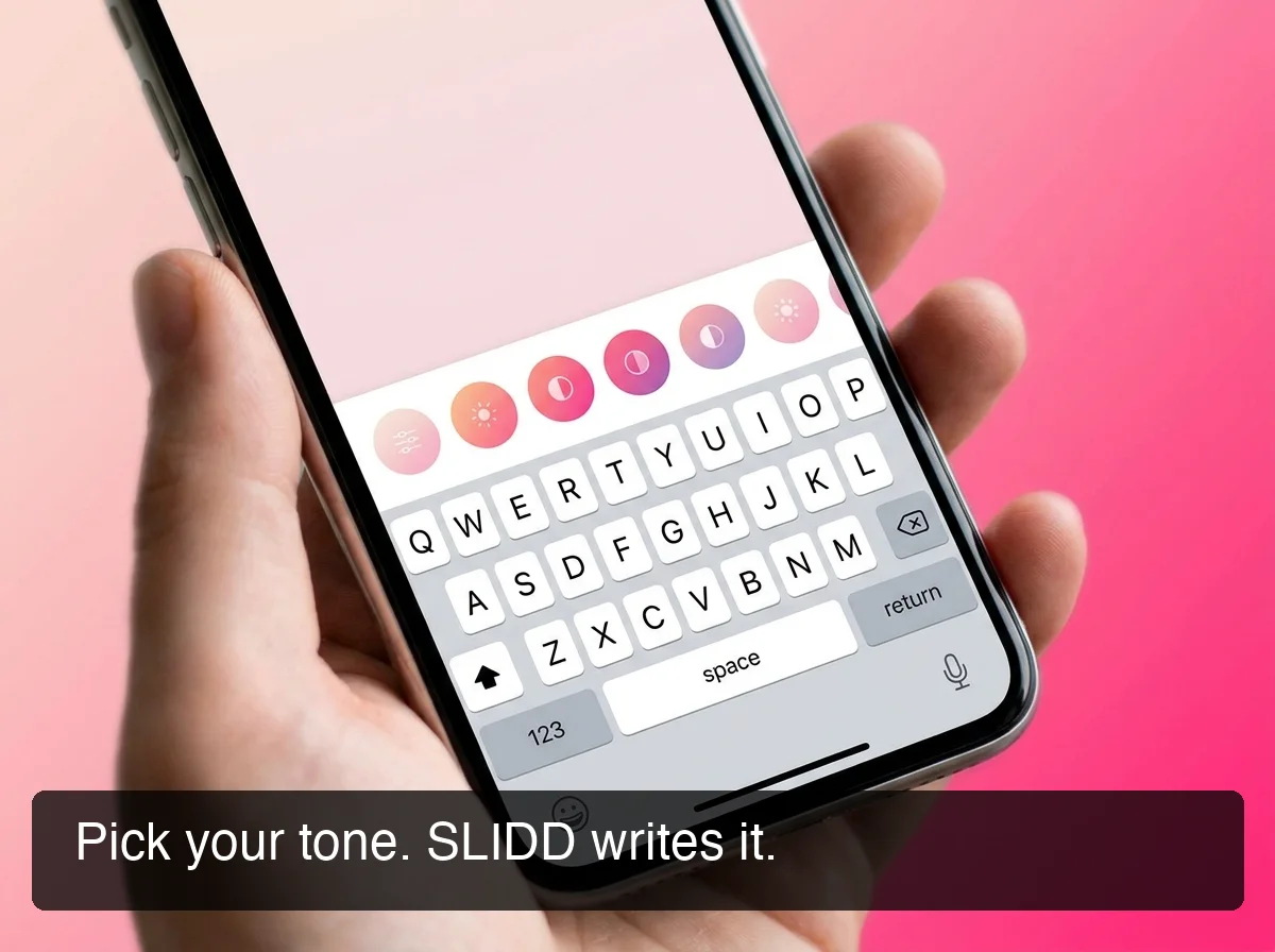 SLIDD AI keyboard interface showing tone presets in a blush-to-hot-pink gradient UI, premium and minimal