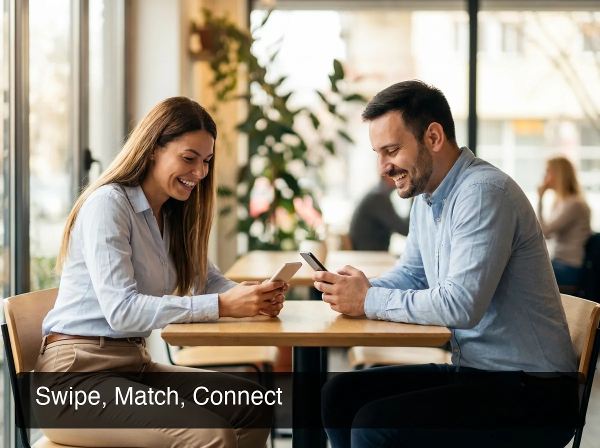 Tinder matching algorithm — two people discovering matches on their smartphones with the swipe mechanic