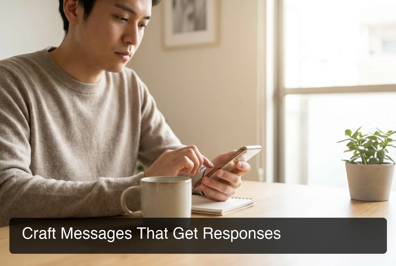 Tinder messaging tips — person composing a thoughtful message on a smartphone in warm light