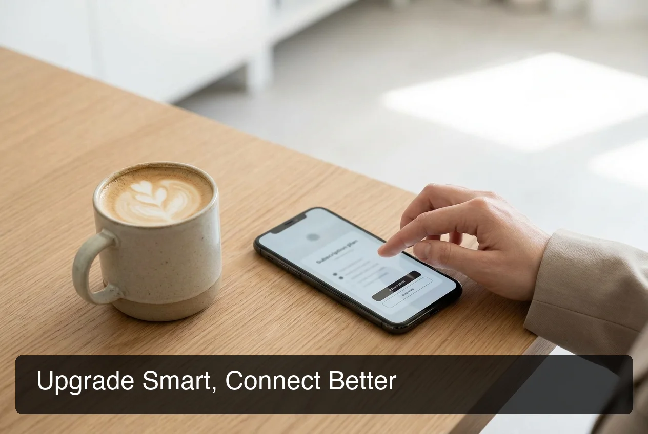 Tinder Premium features and safety — phone displaying an app subscription screen on a clean desk