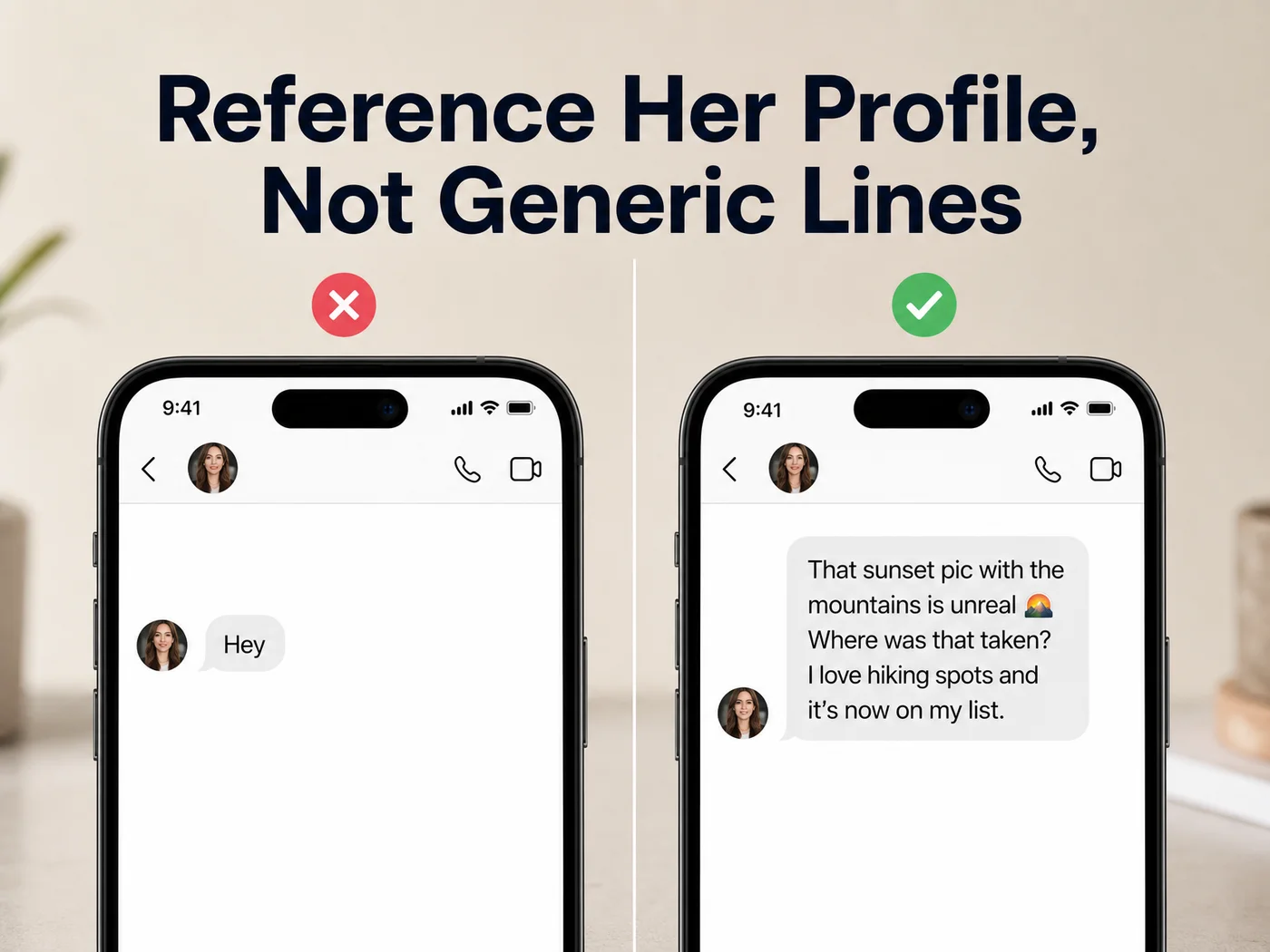 instagram dm openers — split screen comparing a generic hey message against a specific profile-referenced opener