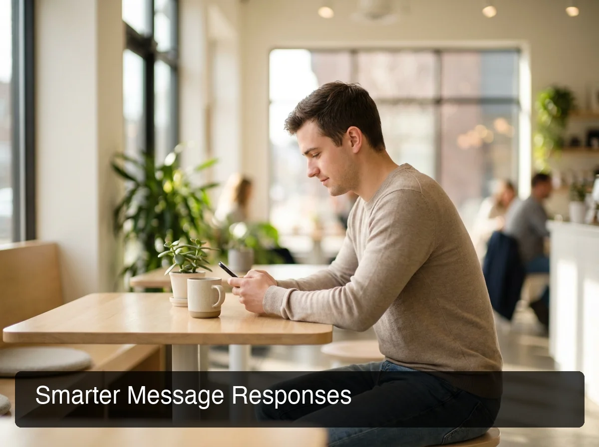 Young man using a dating app on his phone at a coffee shop, natural lighting, relaxed setting