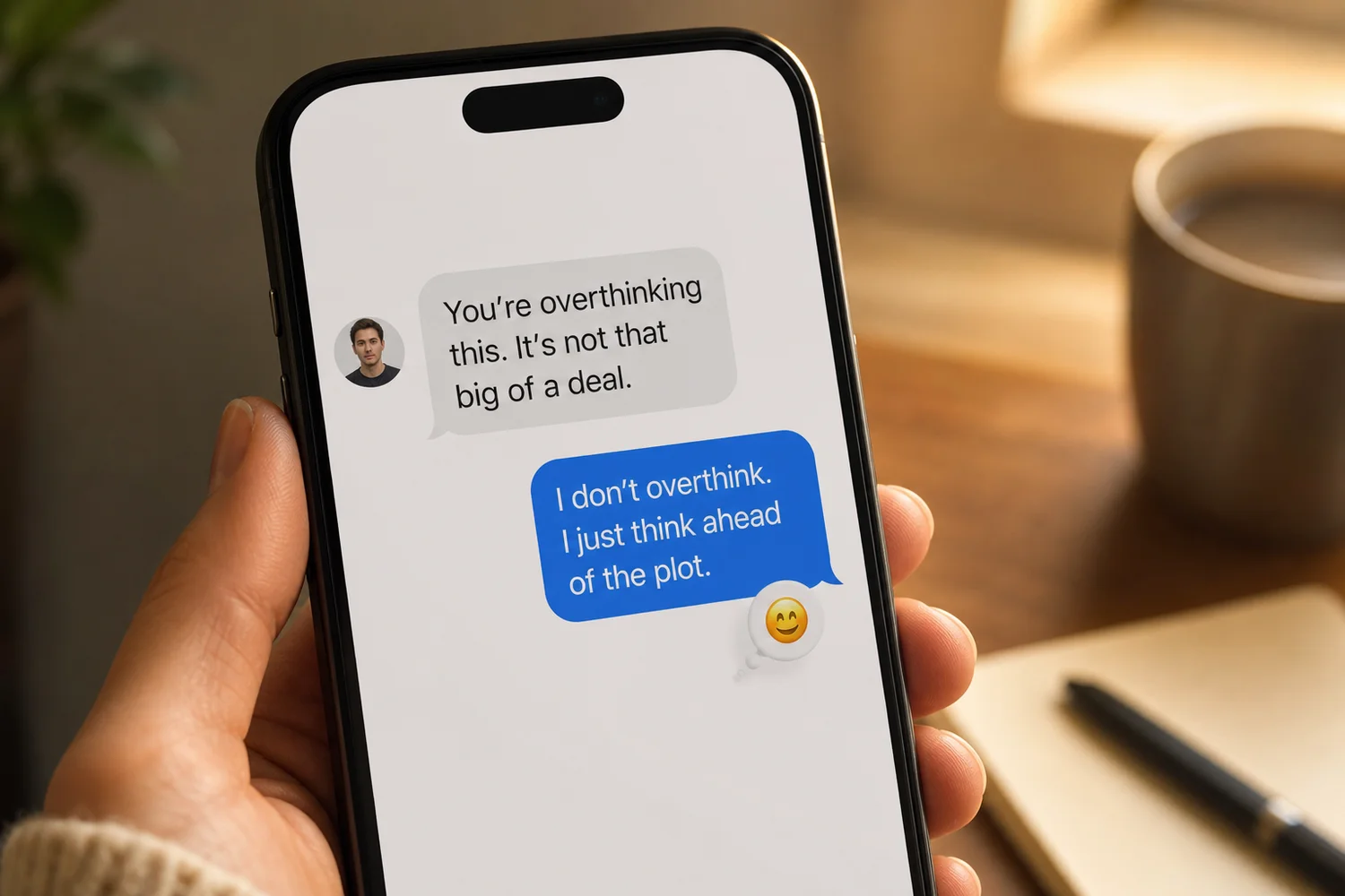 Phone screen showing a recovery text message landing with an immediate positive reaction