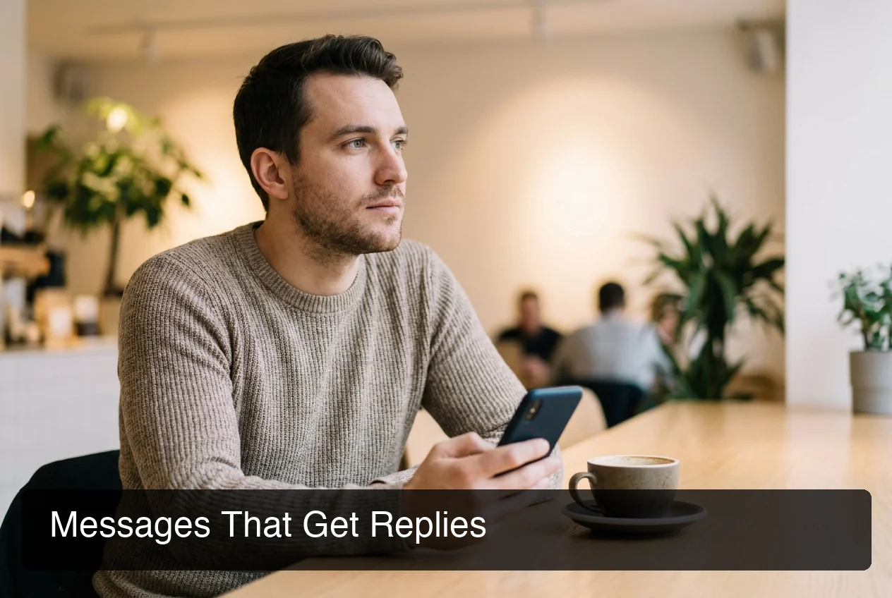 sliddai messaging strategy — man thinking about what to reply, phone in hand, warm lighting, coffee nearby