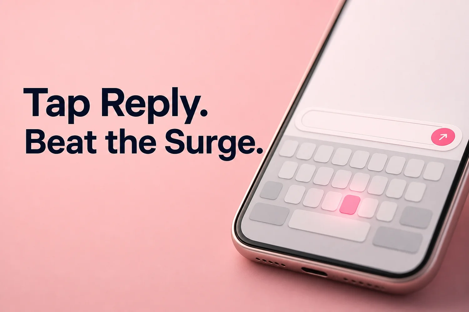 Smartphone with the SLIDD AI keyboard and a single glowing reply key, showing instant replies during a Tinder surge