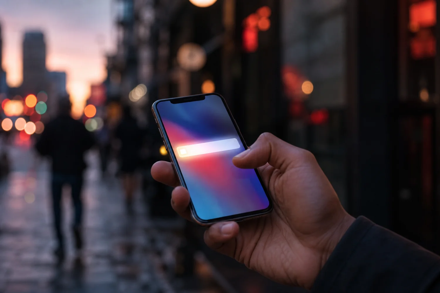 Phone glowing with a notification on a city street at dusk, representing a Tinder swipe surge tinder timing strategy moment