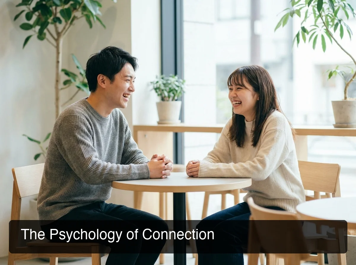 Pick up lines psychology: two people laughing together at a coffee shop, warm lighting, genuine connection