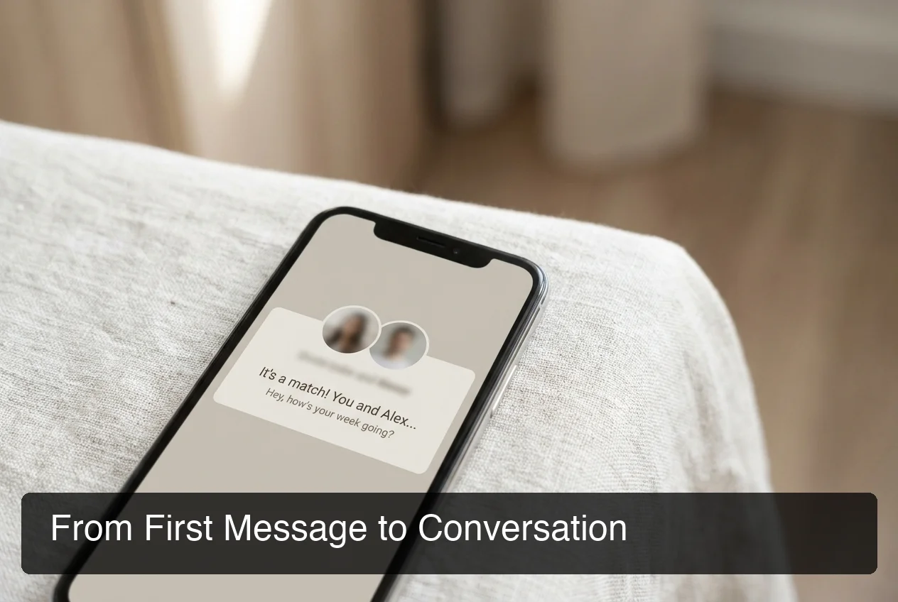 Dating app pickup lines: smartphone showing dating app match notification and message reply interface