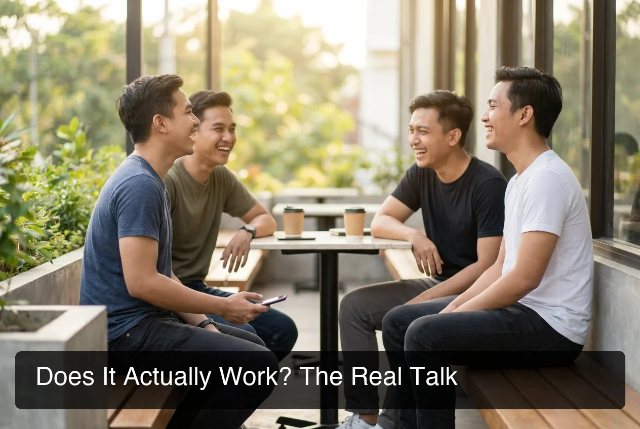 Group of young men laughing together in casual setting representing real dating success outcomes