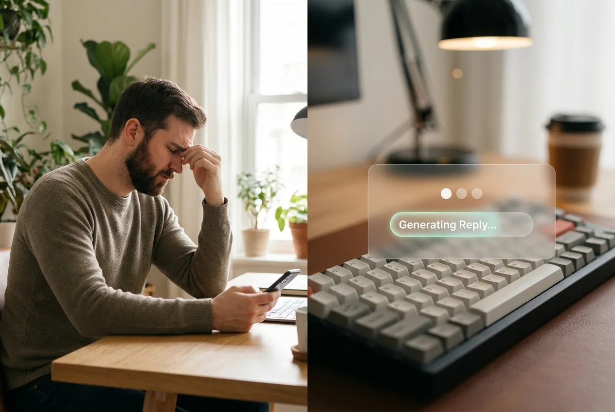 SLIDD AI dating keyboard reading a dating app screen and generating a reply in real time, split-screen comparison of freeze versus flow