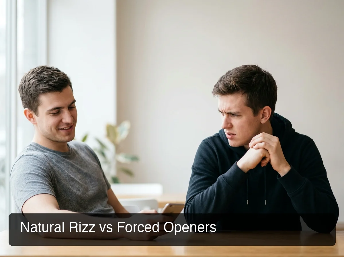 Natural rizz vs forced openers — confident dating approach comparison showing authenticity