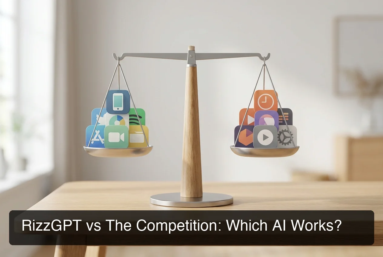 RizzGPT vs AI dating competitors comparison: balanced scale showing multiple AI tools side by side in a modern tech-forward design
